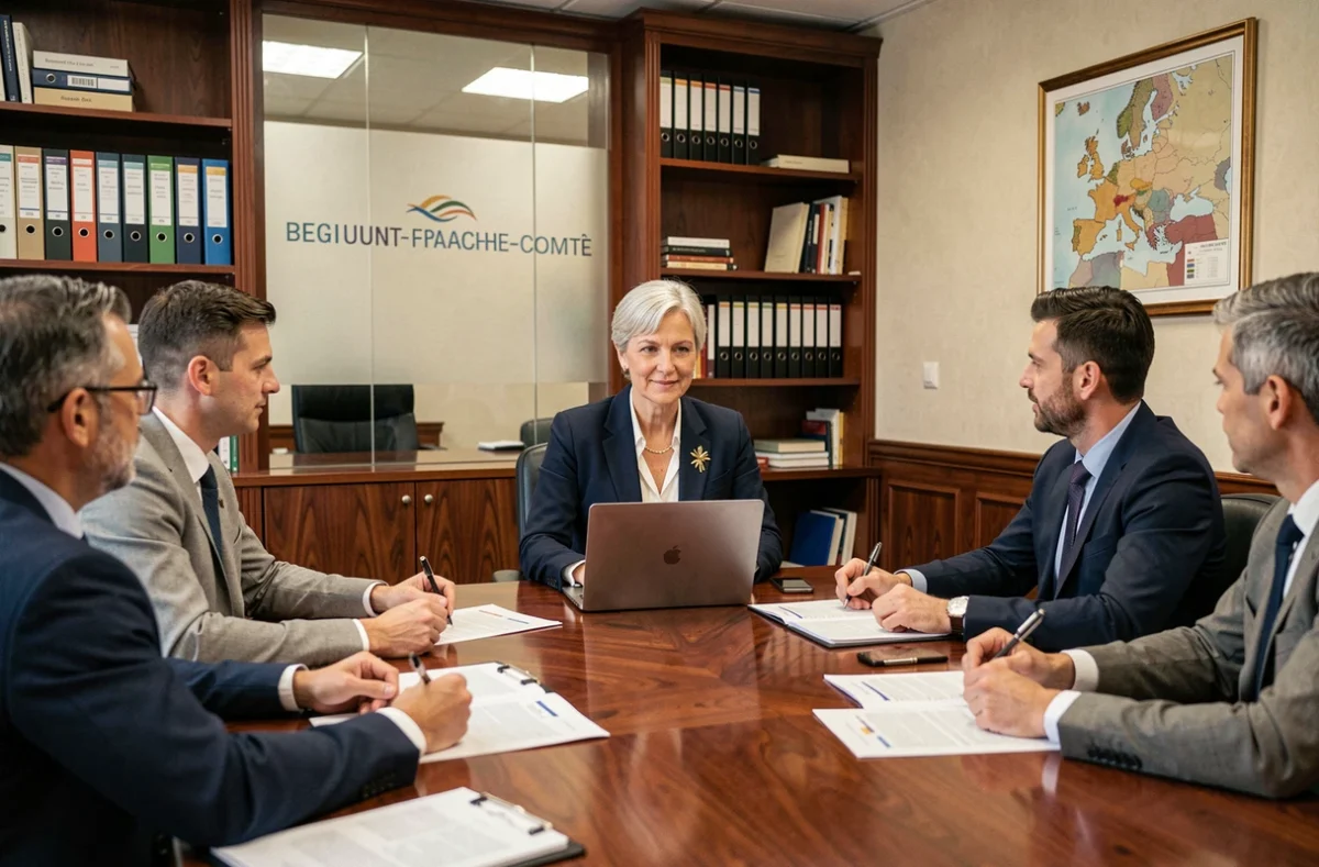 Réunion d'équipe dans une agence Fiducial en Bourgogne-Franche-Comté avec une directrice et ses collaborateurs autour d'une table de conférence