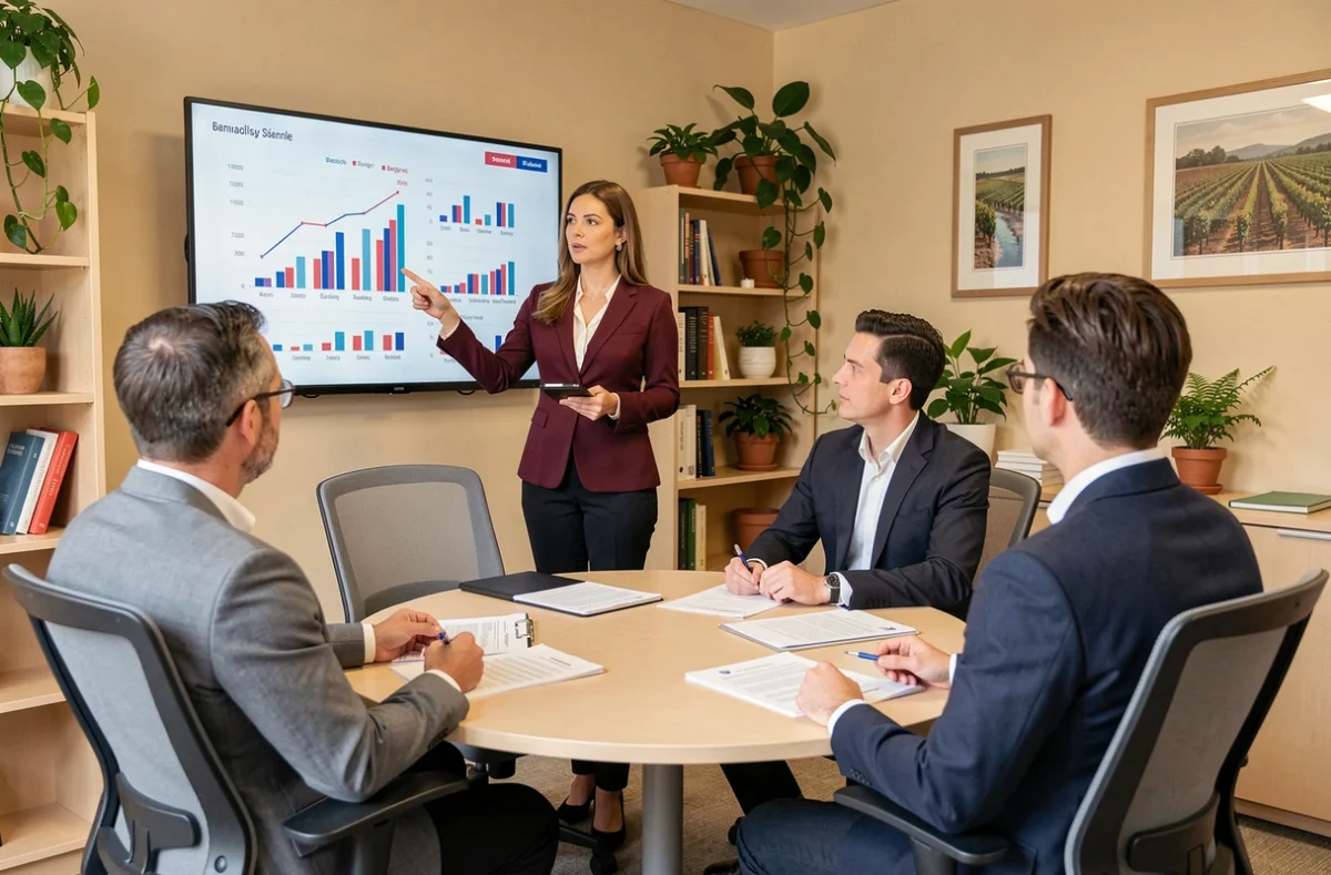 Experte-comptable de FITECO présentant des données financières régionales à des clients entrepreneurs en salle de réunion