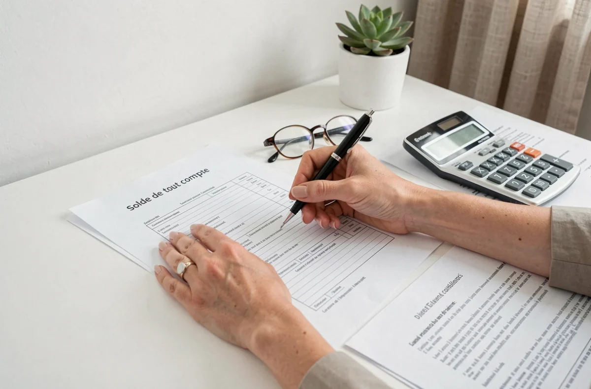 Mains remplissant un formulaire de solde de tout compte lors d'une procédure de liquidation d'entreprise