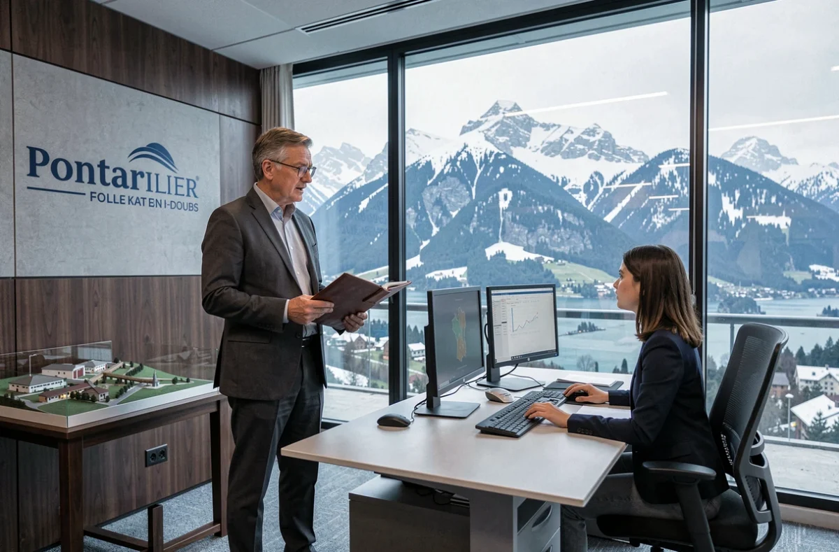 Consultant de Forvis Mazars à Pontarlier devant une vue sur les montagnes du Jura dans un bureau moderne
