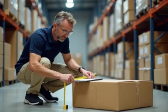 Manager livraison mesurant un colis dans un entrepôt moderne