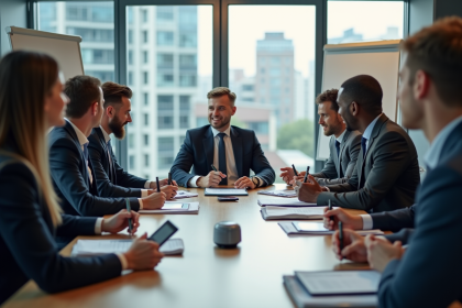 Groupe de professionnels en r&eacute;union de brainstorming en entreprise