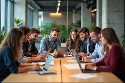 Groupe de jeunes professionnels en brainstorming à Station F