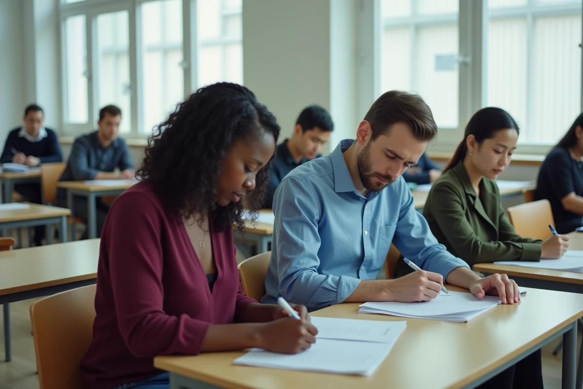 Groupe de candidats passant un test d'aptitude écrit dans une salle d'évaluation professionnelle