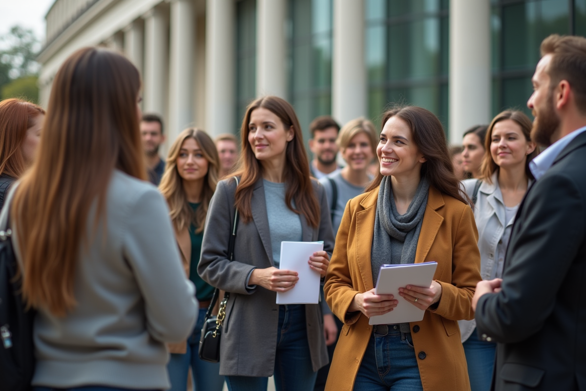 Groupe de personnes diverses devant un bâtiment moderne