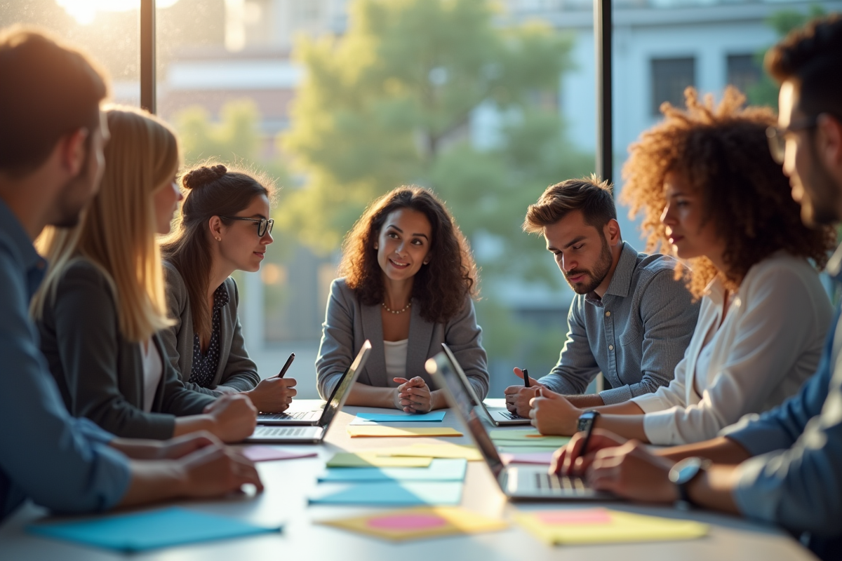 Groupe de professionnels brainstorming autour d'une table moderne