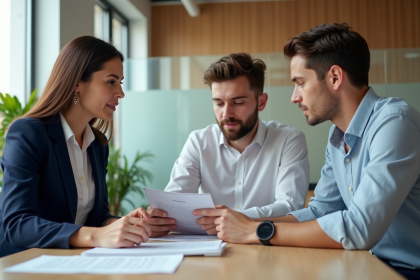 Trois professionnels en r&eacute;union dans un bureau moderne
