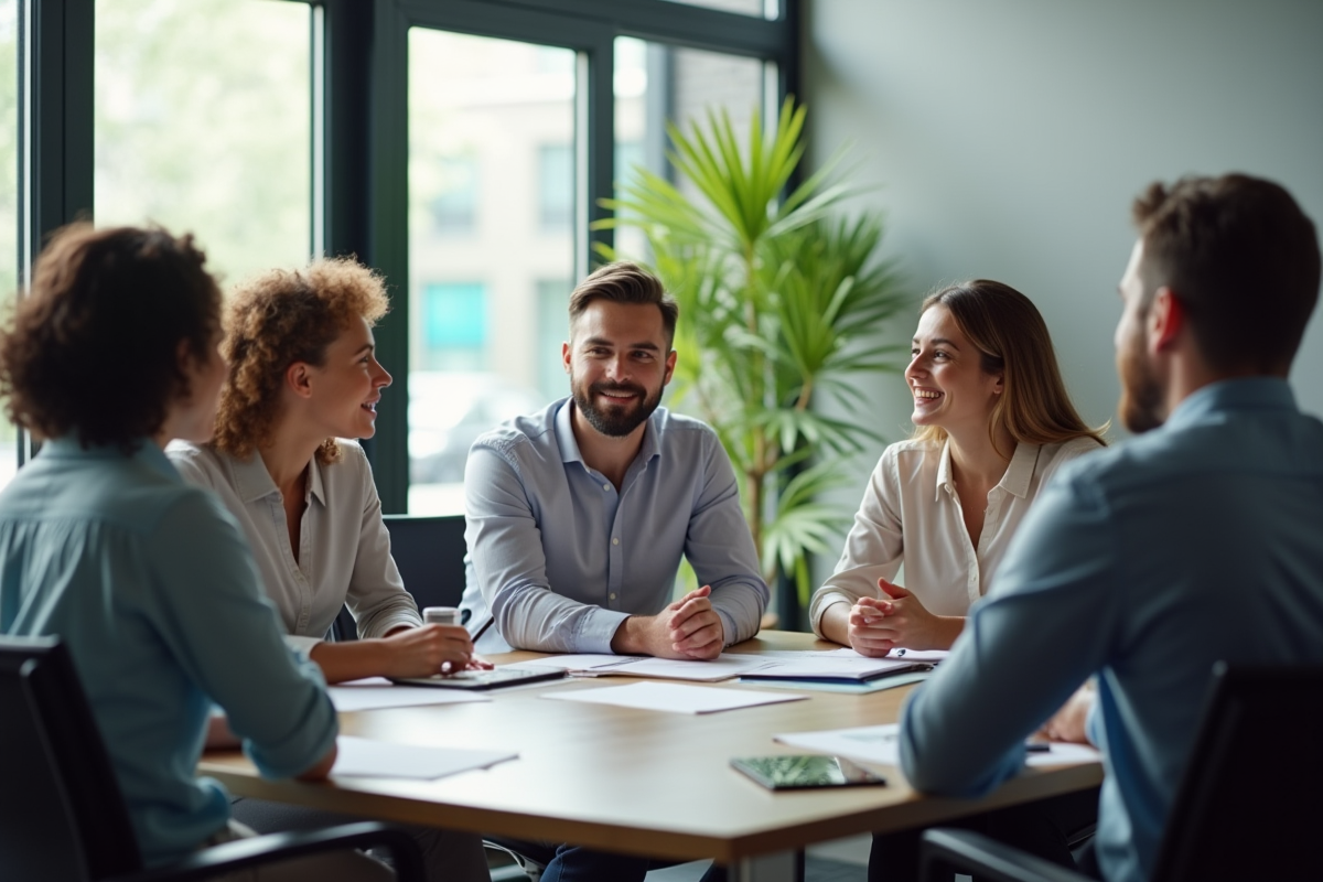 Groupe de professionnels en discussion lors d'une réunion