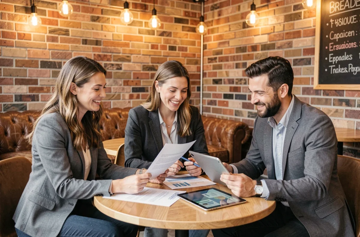 Groupe de professionnels discutant de leurs opportunités d'emploi et de sécurité financière autour d'une table dans un espace de travail convivial