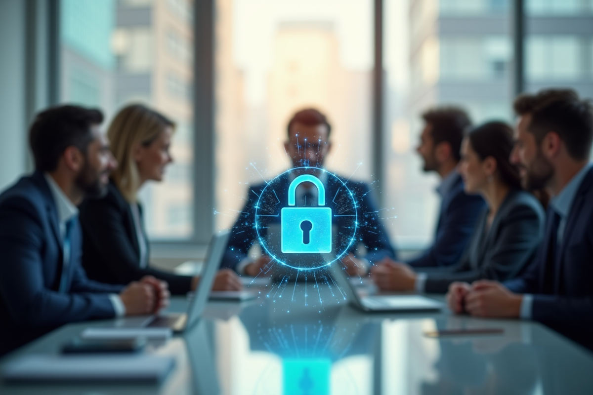 Groupe de professionnels autour d une table avec hologramme de securite