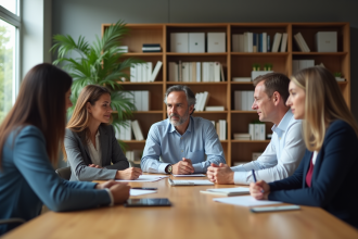 Groupe de professionnels en réunion dans un bureau moderne