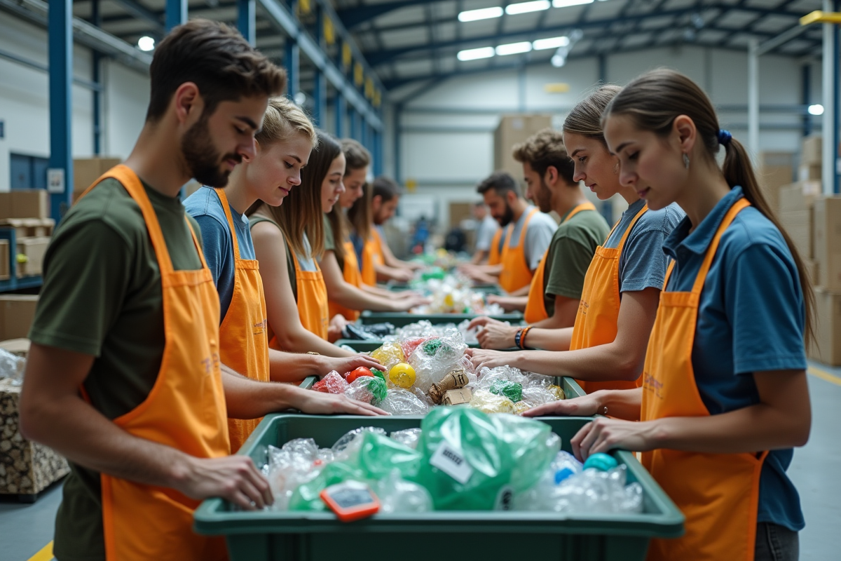 Groupe de jeunes triant des matériaux recyclables dans une usine moderne