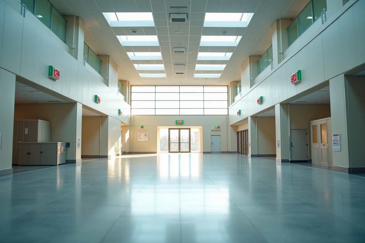 Hall public lumineux avec sorties de secours et signage
