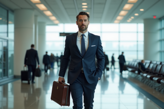 Homme d'affaires en costume dans un aéroport moderne