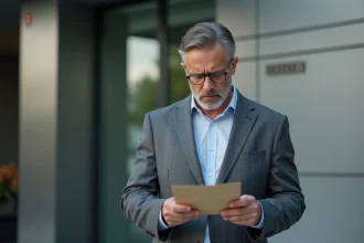 Homme d'affaires sceptique vérifiant une enveloppe officielle