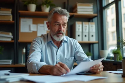 Homme d'affaires en bureau avec documents et calculatrice