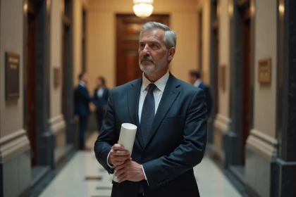 Homme d'affaires en costume dans un tribunal moderne