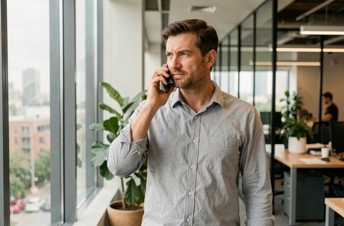 Homme en train d'appeler le service client Orange depuis un bureau en open space