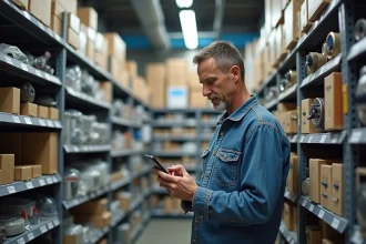 Homme d'âge moyen compare des prix d'équipements électriques dans un magasin