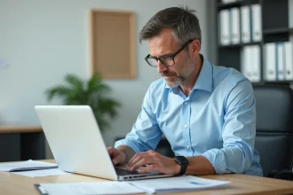 Homme d'âge moyen travaillant sur un ordinateur au bureau