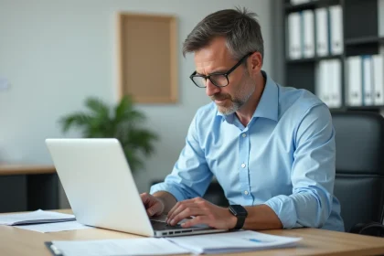Homme d'âge moyen travaillant sur un ordinateur au bureau