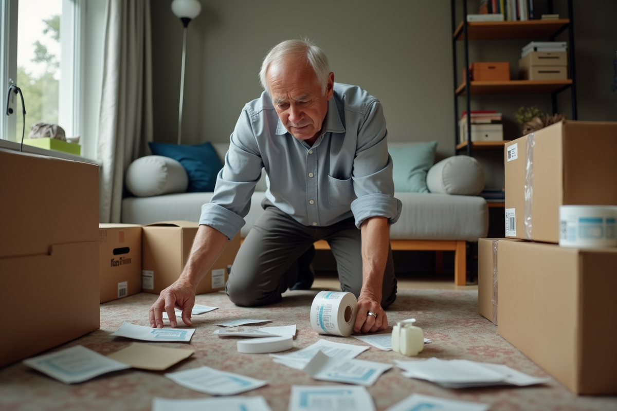 Homme âgé manipulant des colis dans un salon familial