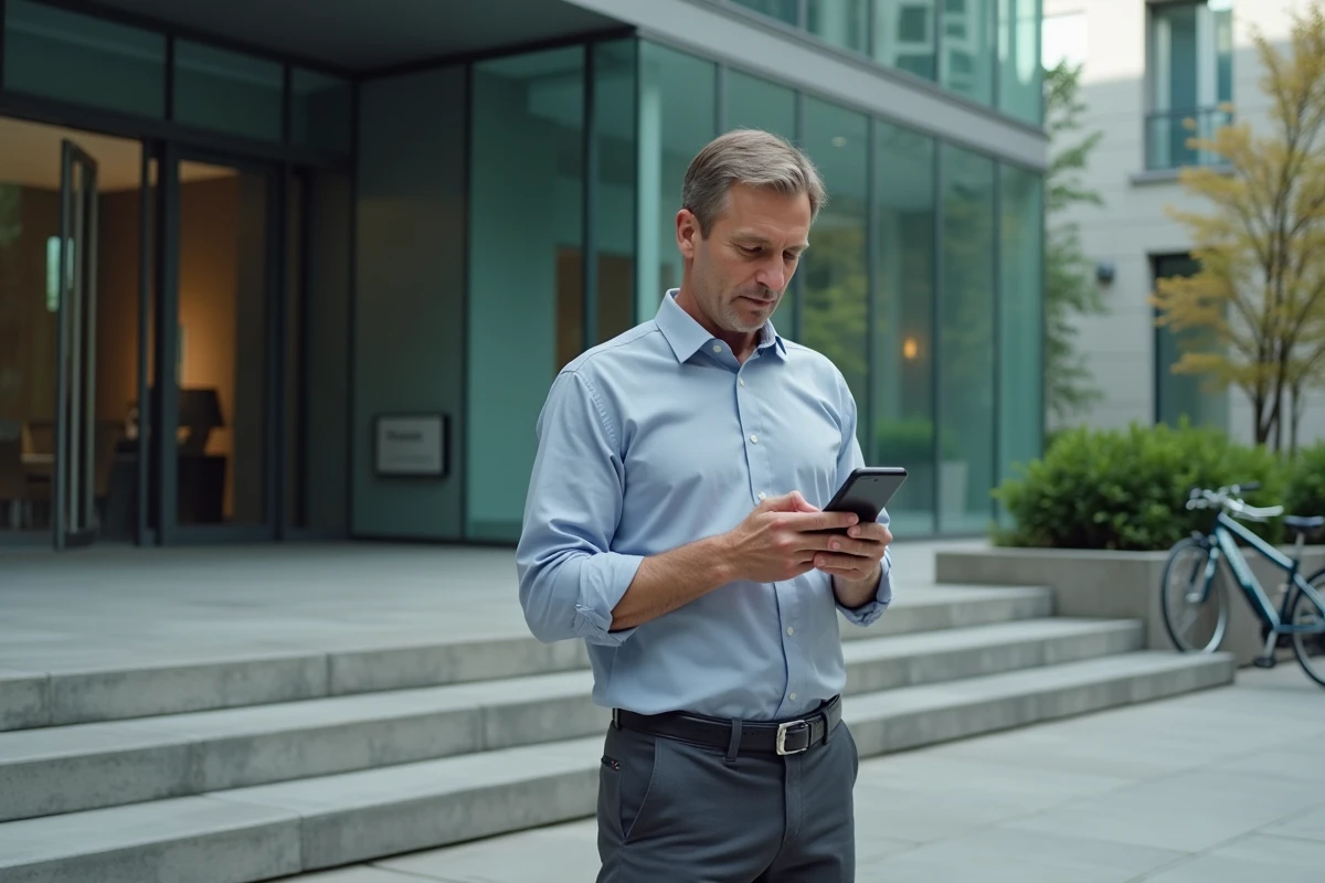 Homme d affaires vérifiant des informations sur son smartphone devant un bâtiment