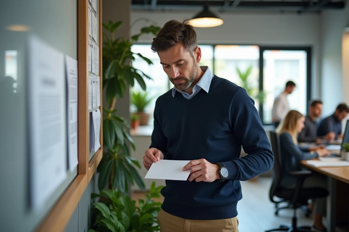 Homme déposant une lettre de démission dans une enveloppe au bureau