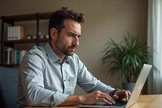 Homme frustré devant un écran d'ordinateur portable affichant une erreur de connexion Tool Time Login