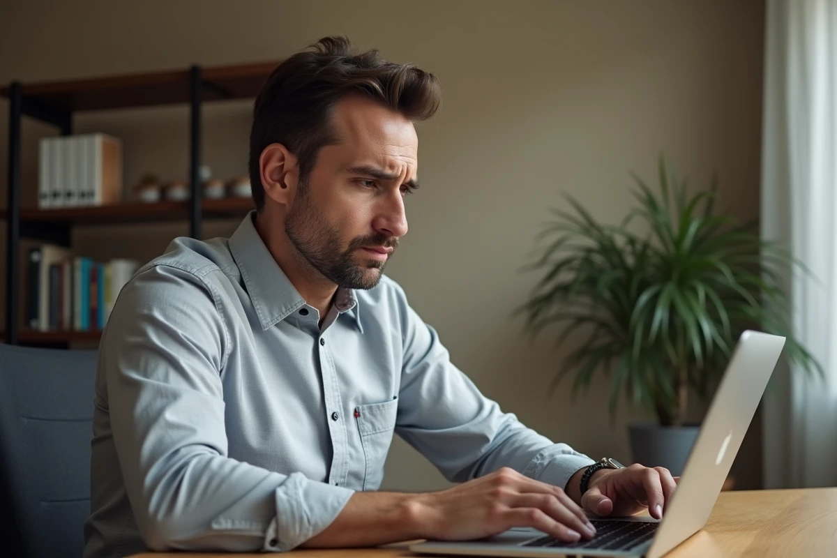 Homme frustré devant un écran d'ordinateur portable affichant une erreur de connexion Tool Time Login