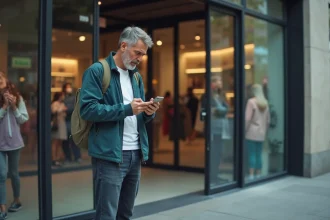Homme inquiet regardant son téléphone devant un magasin fermé