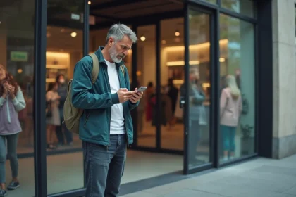 Homme inquiet regardant son téléphone devant un magasin fermé