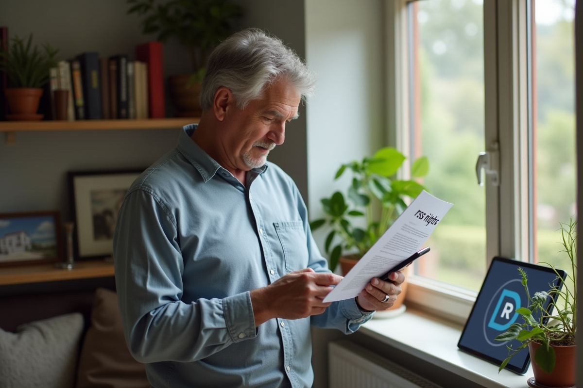 Homme avec document RSS dans un salon cosy et lumineux