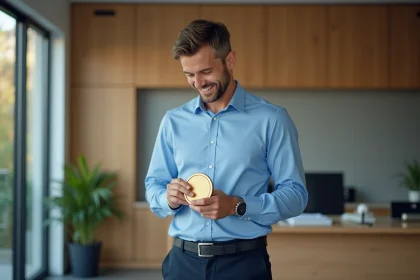 Homme d'&acirc;ge moyen souriant avec m&eacute;daille d'or en main