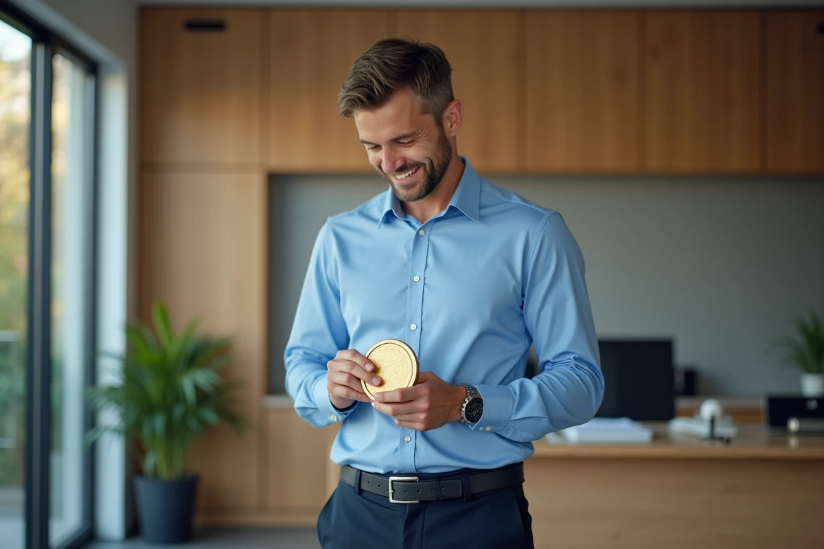 Homme d'âge moyen souriant avec médaille d'or en main