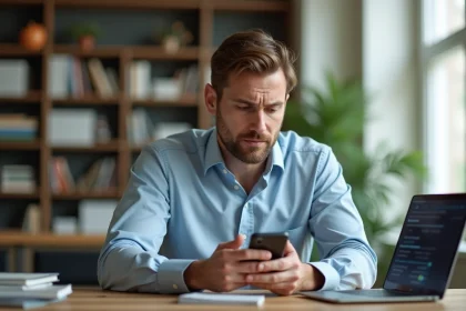 Homme concentré sur son smartphone dans un bureau lumineux
