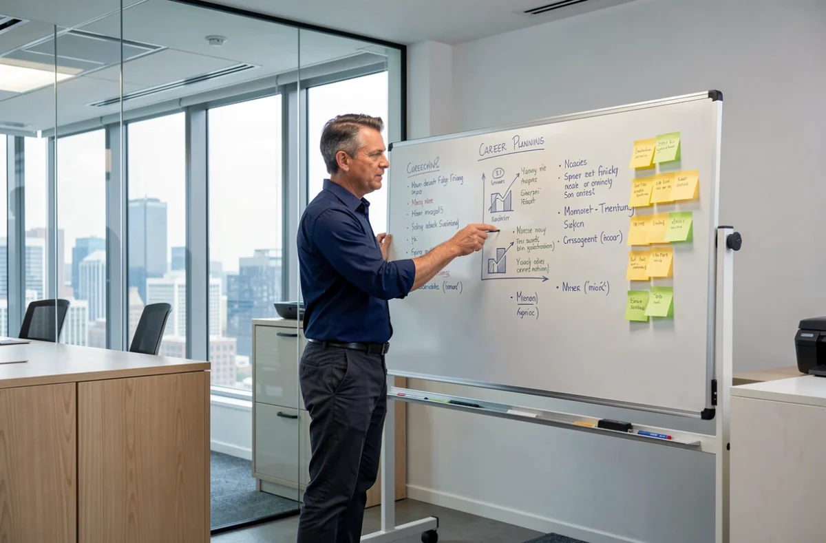 Homme en chemise bleue planifiant sa reconversion professionnelle devant un tableau de stratégie dans un bureau moderne avec vue sur la ville