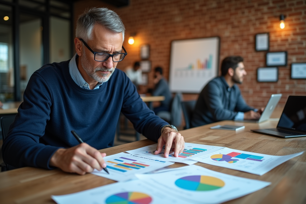 Homme d age moyen examinant des rapports marketing imprimés