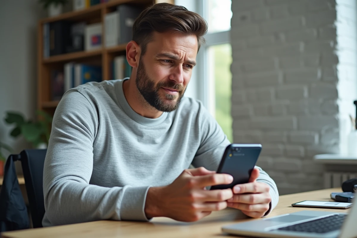 Homme consultant son fil LinkedIn sur smartphone avec des titres de poste incluant des émojis, dans un bureau à domicile