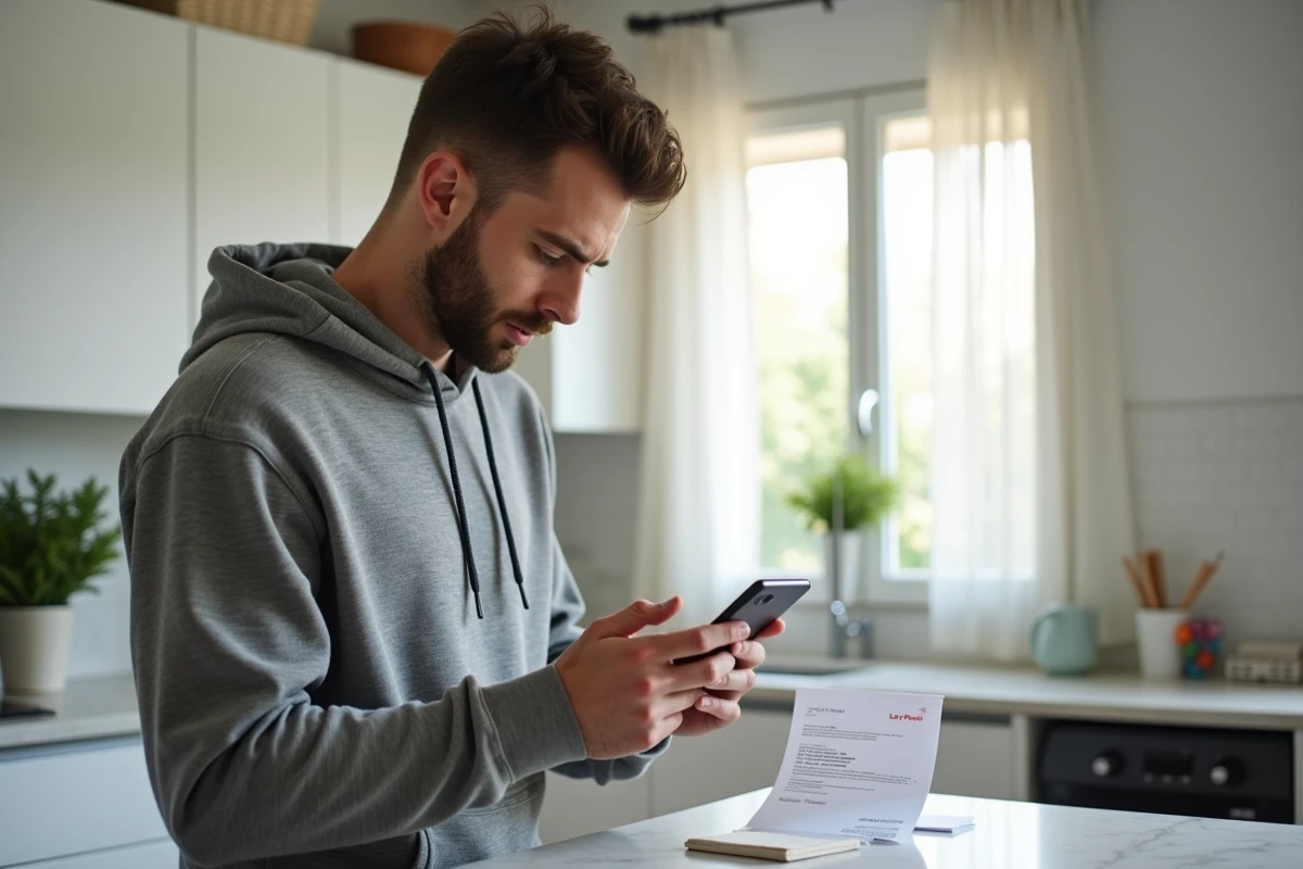 Homme utilisant son smartphone pour accéder au portail Malin La Poste avec un avis de passage postal