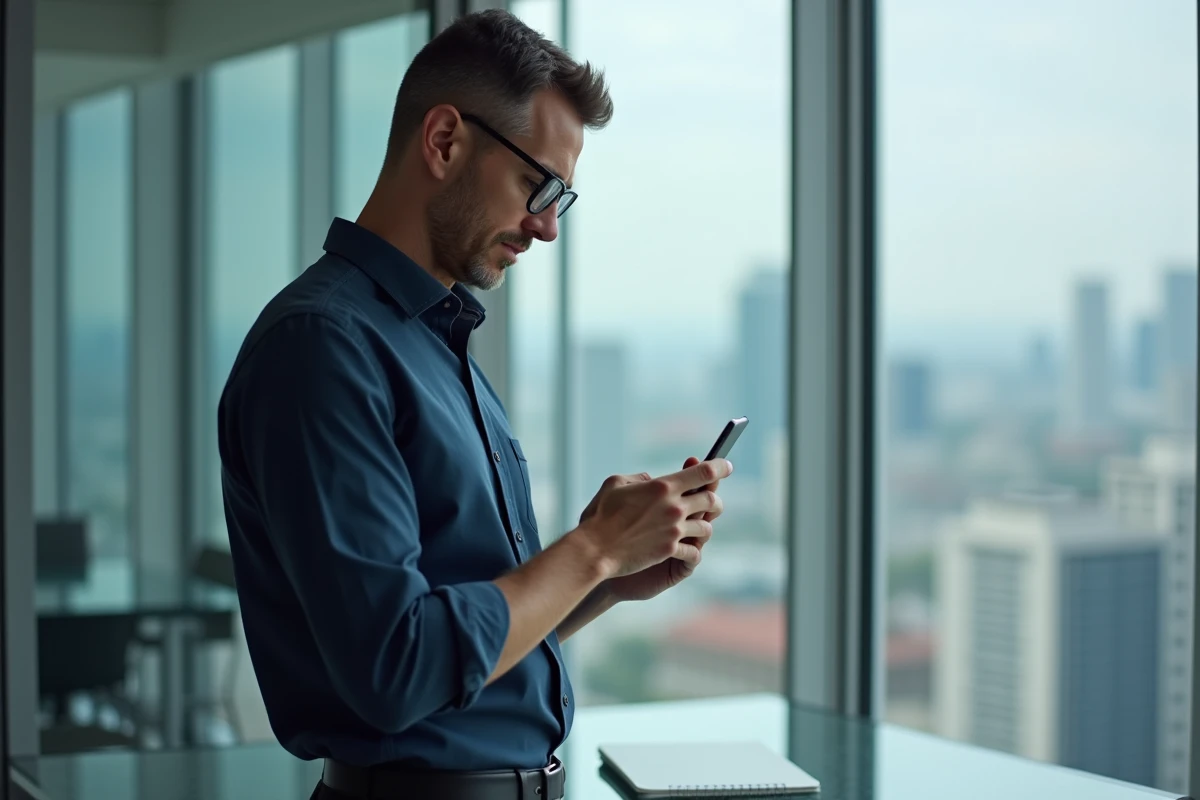 Homme vérifiant l'état de ses demandes RH sur smartphone près d'une fenêtre de bureau avec vue urbaine