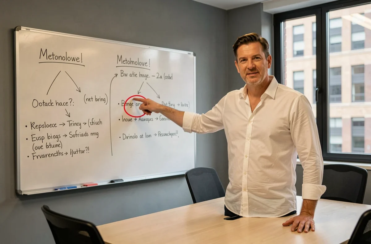 Homme en chemise blanche présentant un tableau blanc comparatif illustrant les différences entre Koivaninbez et les solutions traditionnelles en salle de réunion