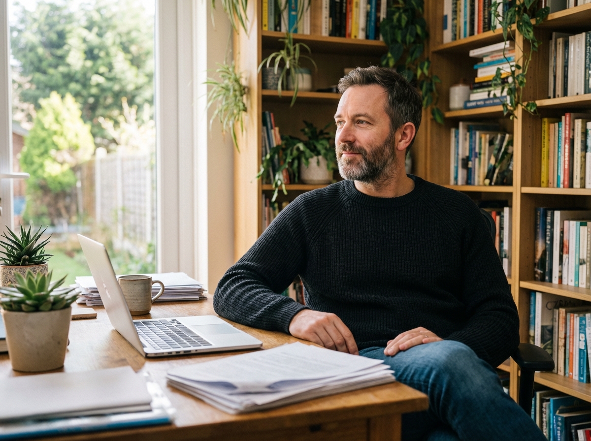 Homme d&eacute;contract&eacute; travaillant dans son bureau &agrave; domicile