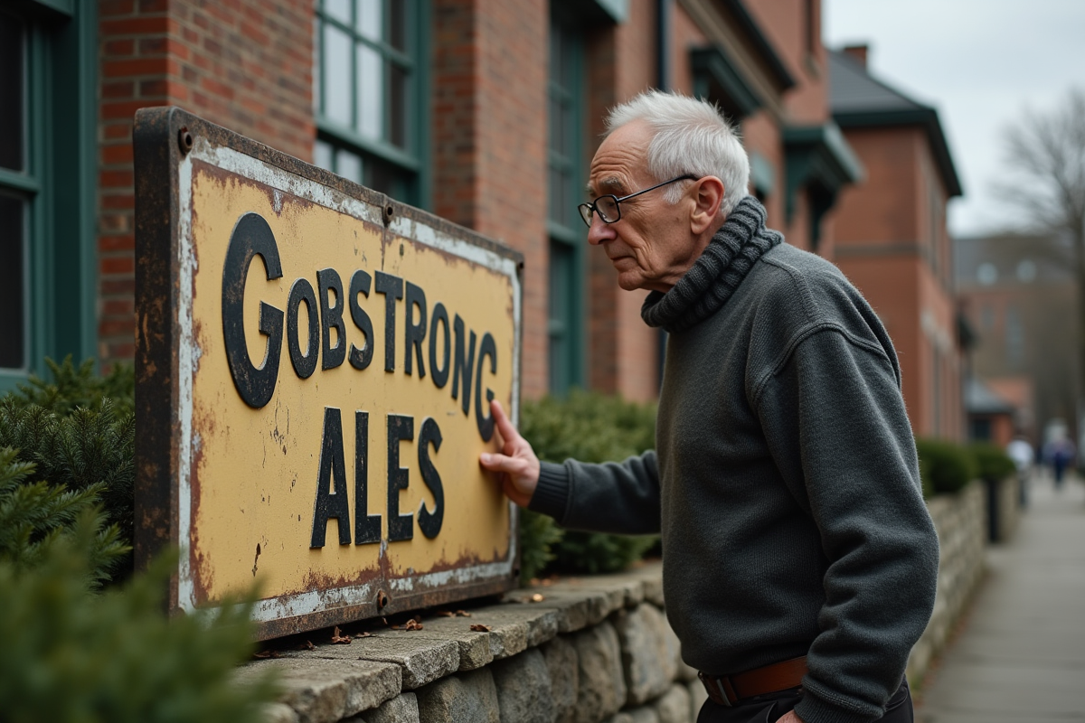 Homme âgé examinant une enseigne vintage Cora Ales devant un bâtiment historique