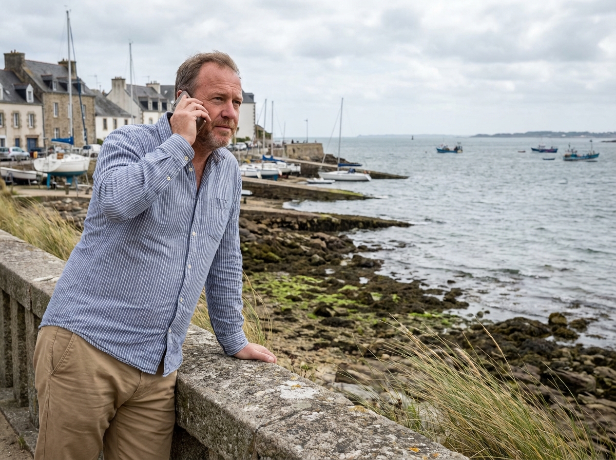 Homme regardant la mer &agrave; Lorient avec un t&eacute;l&eacute;phone &agrave; l