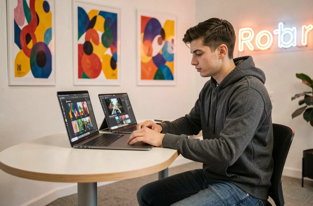 Créatif digital d'Ideclap travaillant sur des animations et contenus pour réseaux sociaux dans un studio moderne et coloré