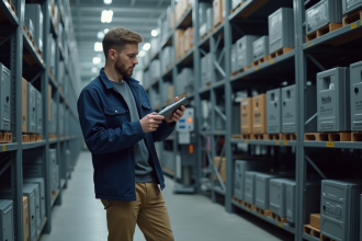 Jeune ingénieur examinant une batterie lithium moderne dans une usine