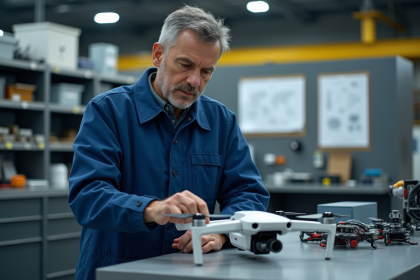 Ingénieur vérifiant un drone dans un atelier hightech