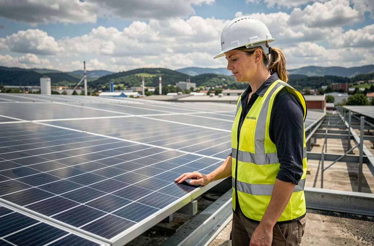 Ingénieure inspectant des panneaux solaires sur le toit d'une installation industrielle régionale, symbole du développement des éco-industries locales