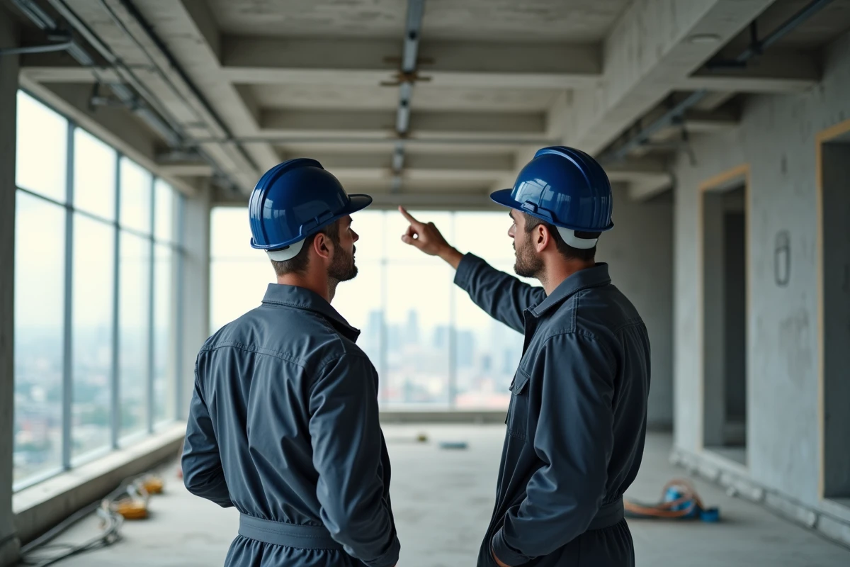Deux ingénieurs en construction discutant de la sécurité des structures métalliques dans un immeuble en cours de construction avec vue urbaine en arrière-plan